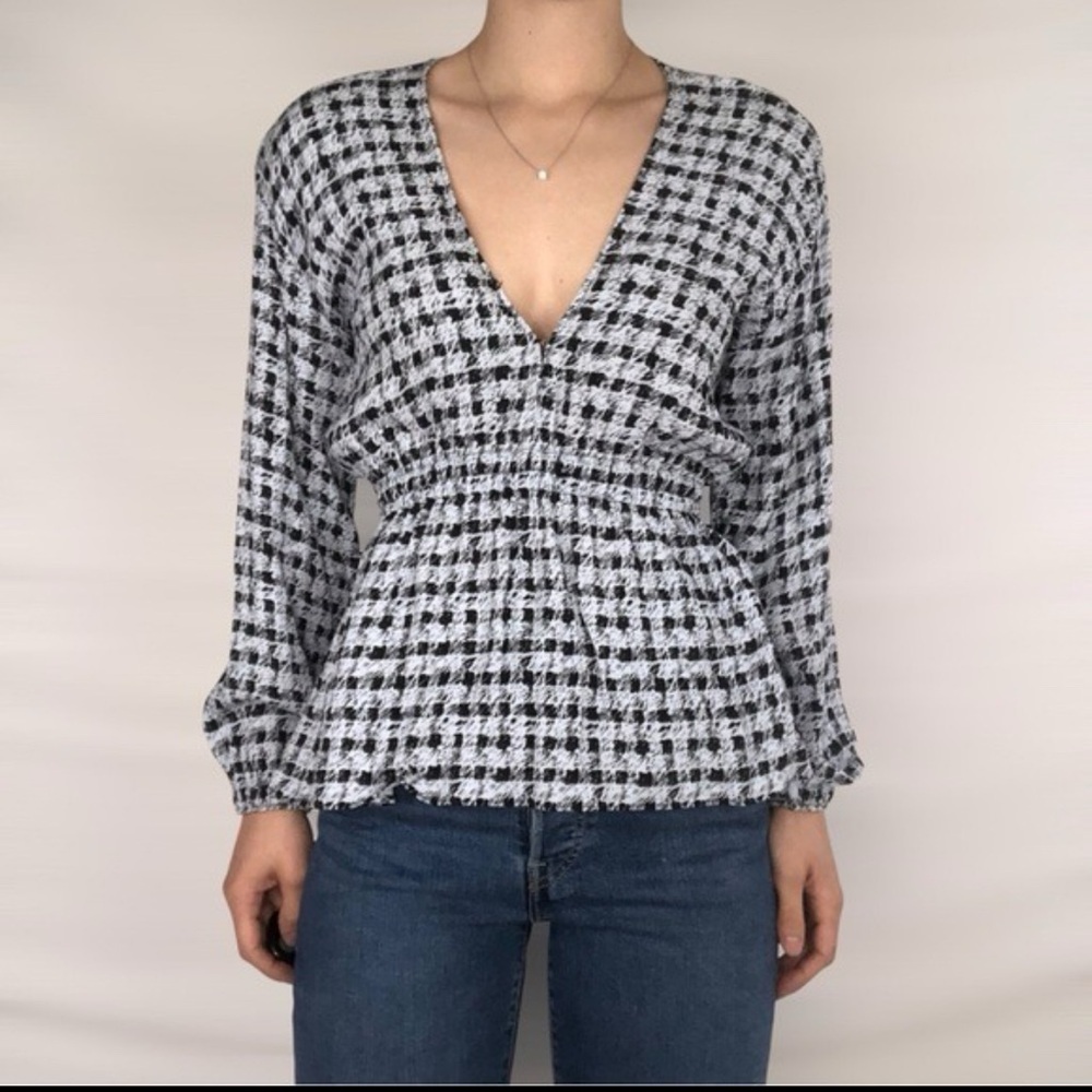 Proenza Schouler White Label Peplum Checkered V Neck Blouse Size 10